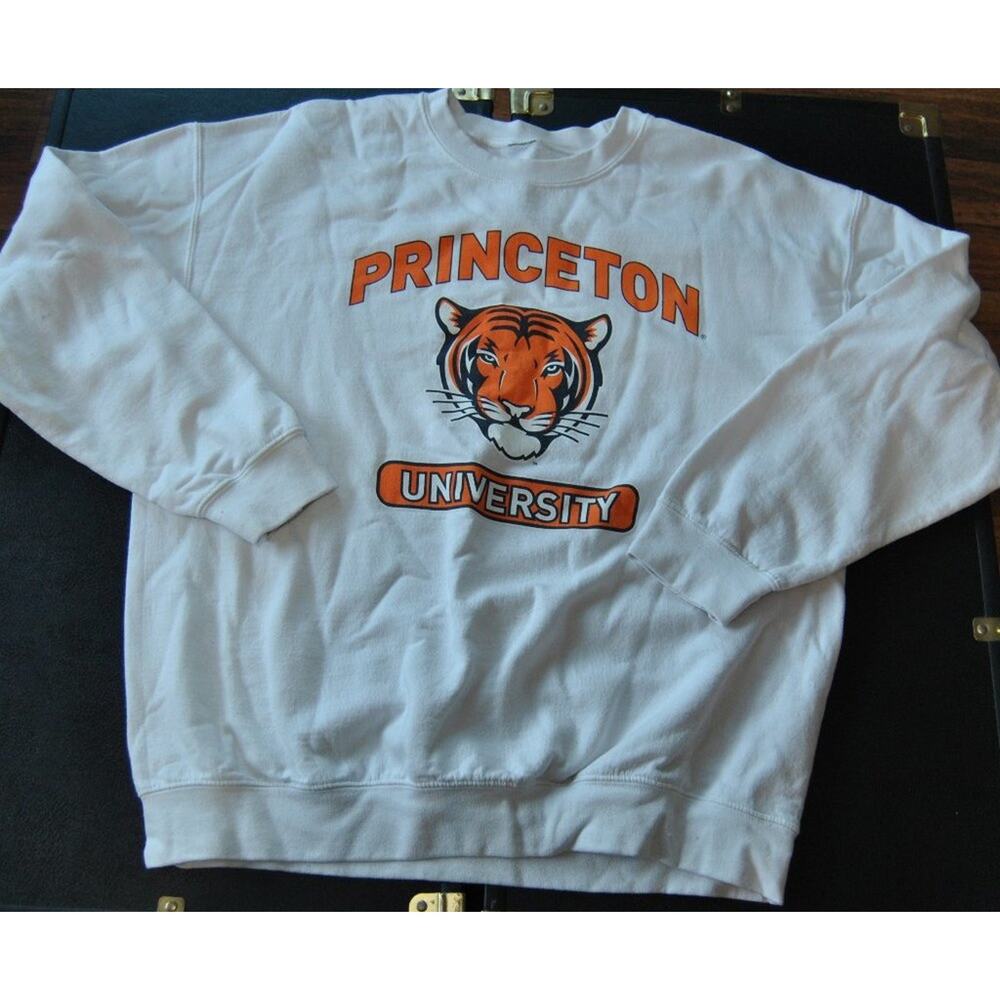 Princeton University White Orange w/ Tiger Logo Crewneck Sweater Medium-Large